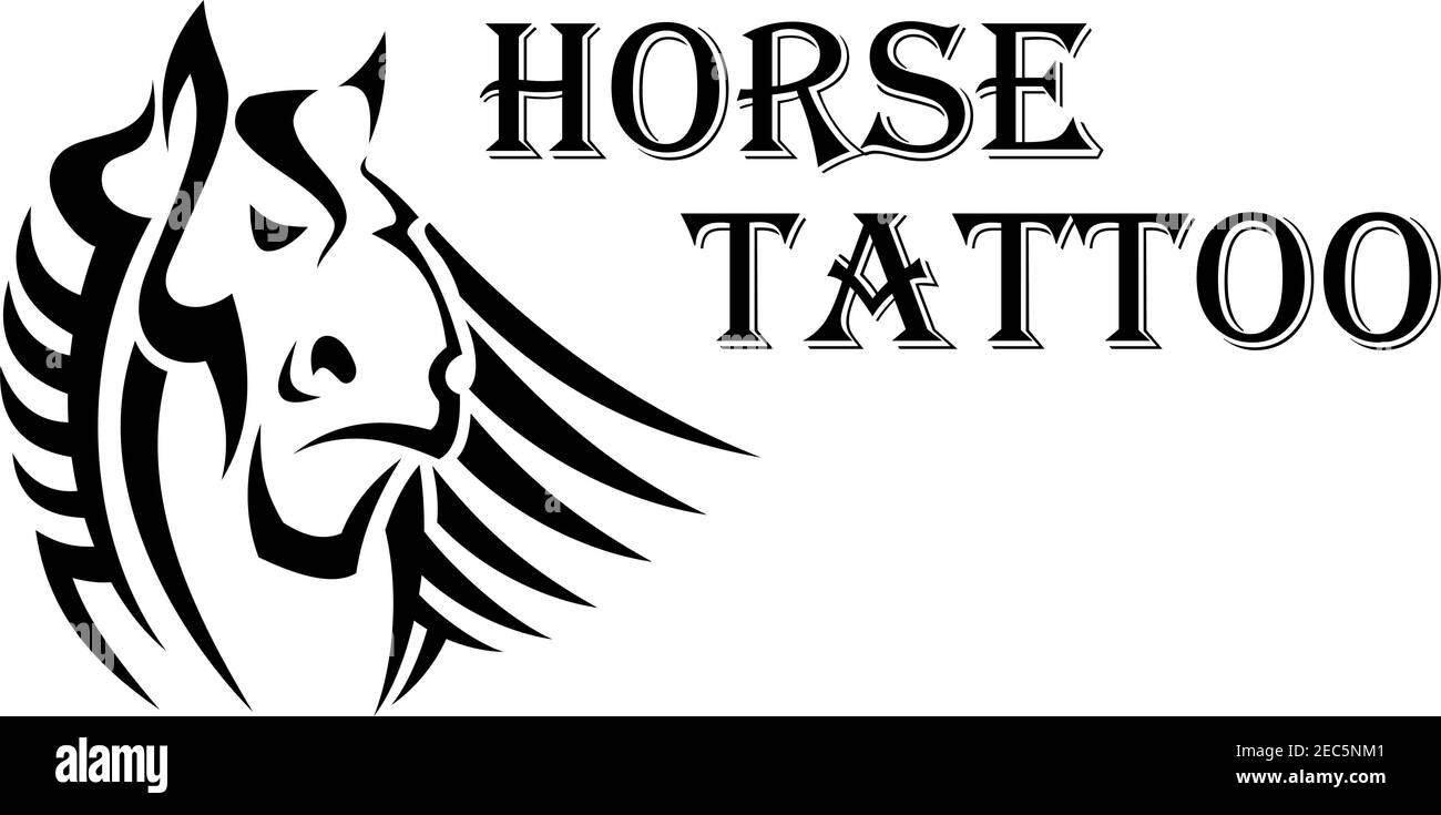 Élément de conception de tatouage de cheval tribal avec une tête de néerlandais tige à fort tirage avec grand museau et faux-filet Illustration de Vecteur