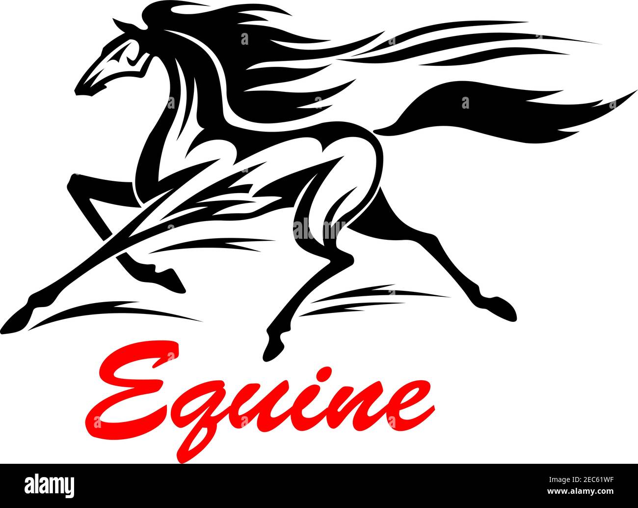 La mustang sauvage galopante est en concurrence de vitesse avec le vent. Élément de conception de tatouage animal tribal stylisé de cheval de course avec la manie volant et la queue Illustration de Vecteur