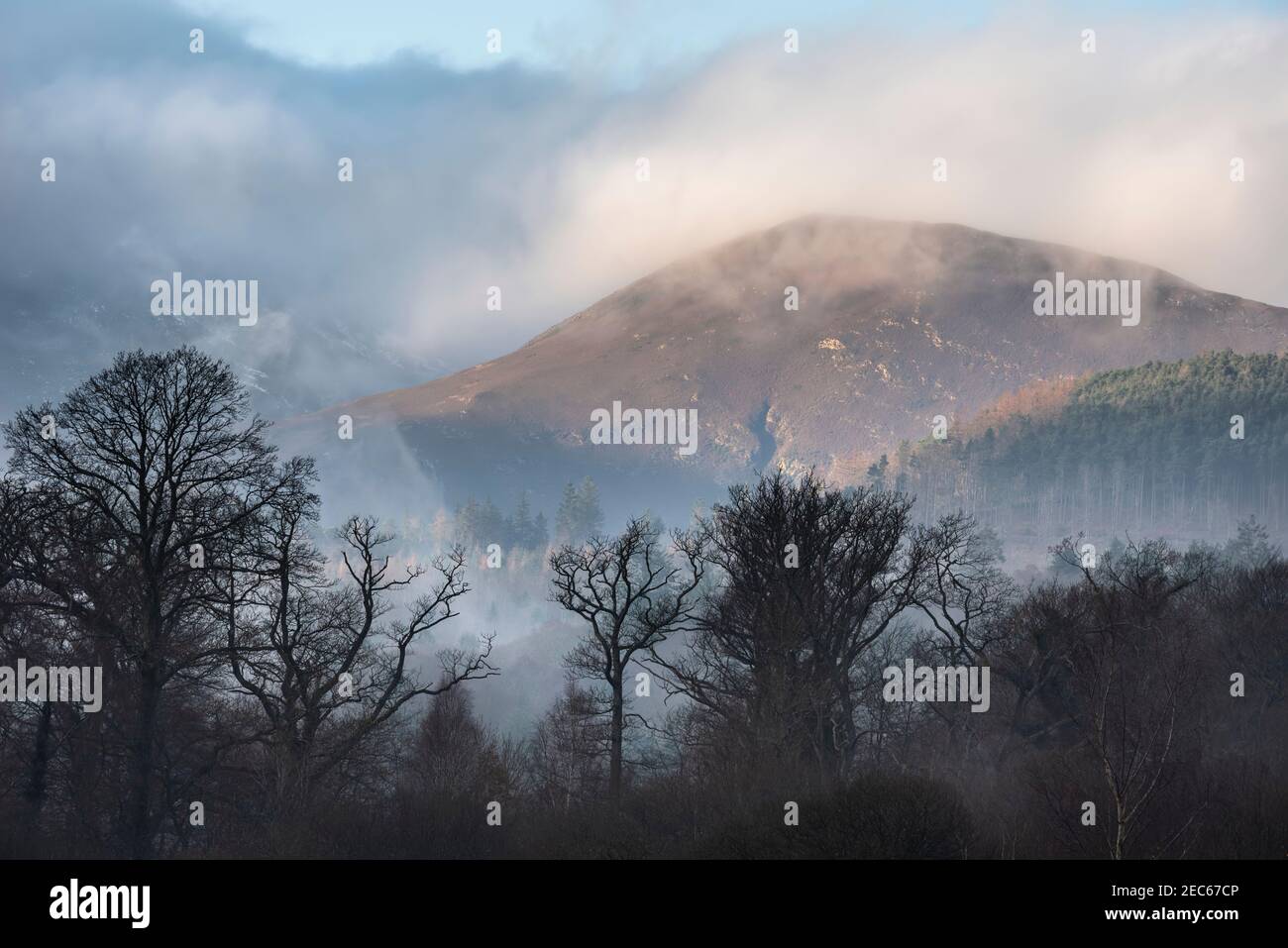 Image de paysage épique regardant à travers Derwentwater dans Lake District vers Catbells a enneigé la montagne avec un épais brouillard qui se balade dans la vallée Banque D'Images