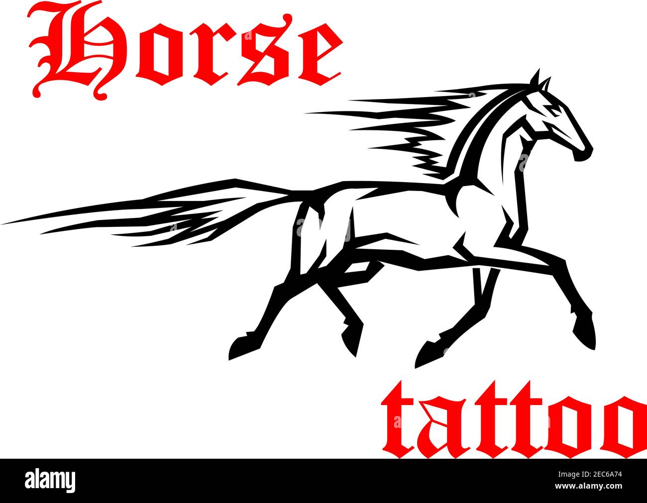 Dessin géométrique simple d'un cheval arabe galopant avec des pistes de mouvement de queue volante et de manie. Utiliser comme motif tatouage ou symbole de reproduction de cheval Illustration de Vecteur