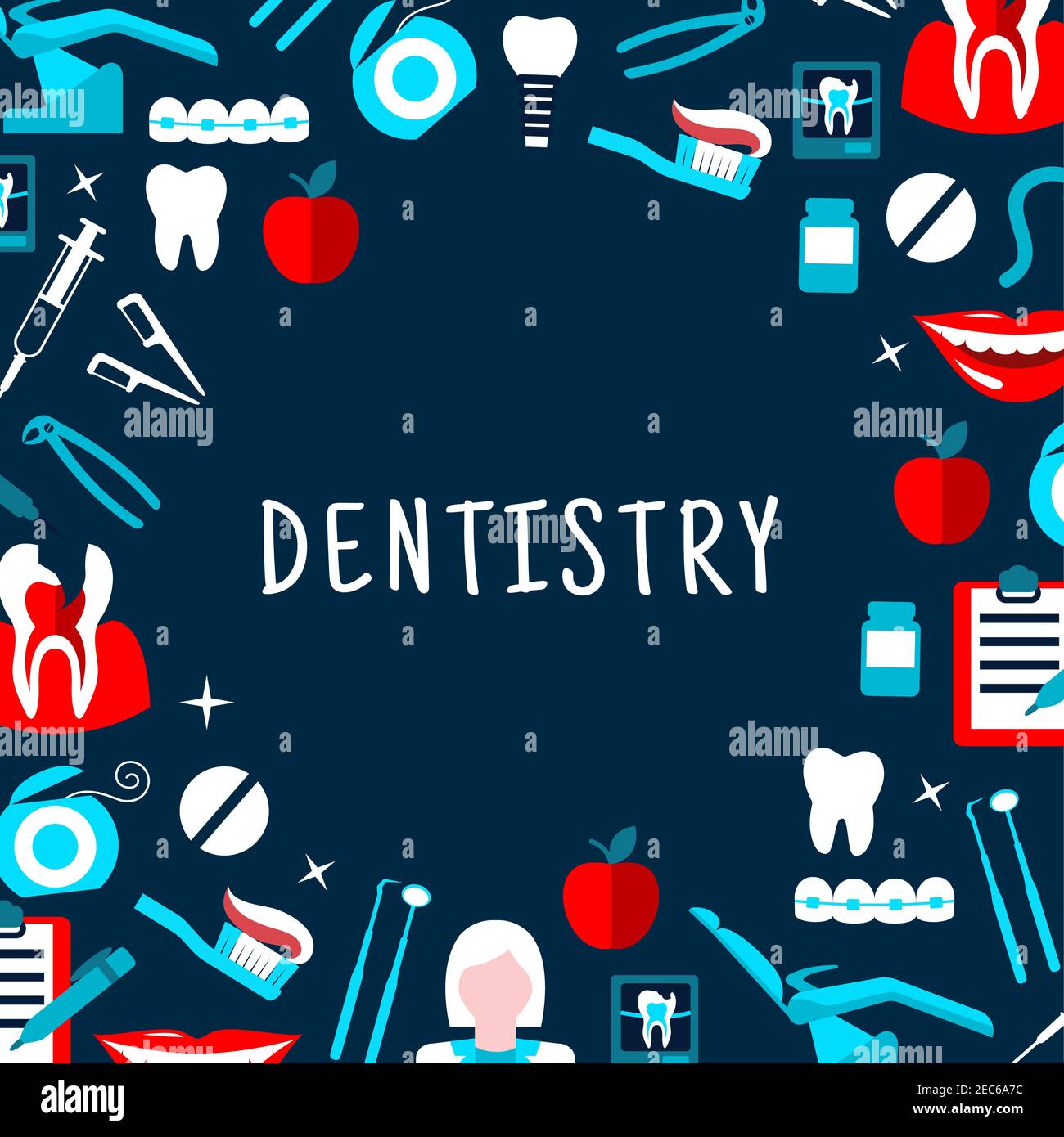 Bannière dentaire avec icônes. Symboles de soins dentaires en statologie. Outils et équipements pour dentistes, éléments vectoriels. Dépliant, publicité, infographie Illustration de Vecteur