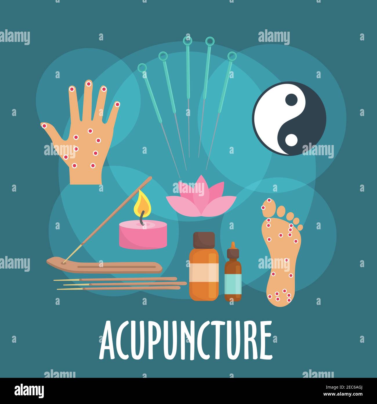 Icône de médecine alternative avec des symboles plats d'aiguilles d'acupuncture, pied et paume avec des acupoints, bâtons d'encens dans le porte-bougie et huile essentielle b Illustration de Vecteur