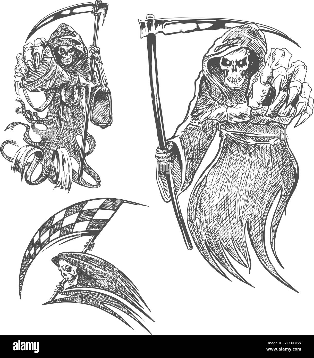 Mort avec scythe crayon esquisse. Icône vecteur Halloween. Esquisse de personnage mortel gothique pour tatouage, décoration Illustration de Vecteur