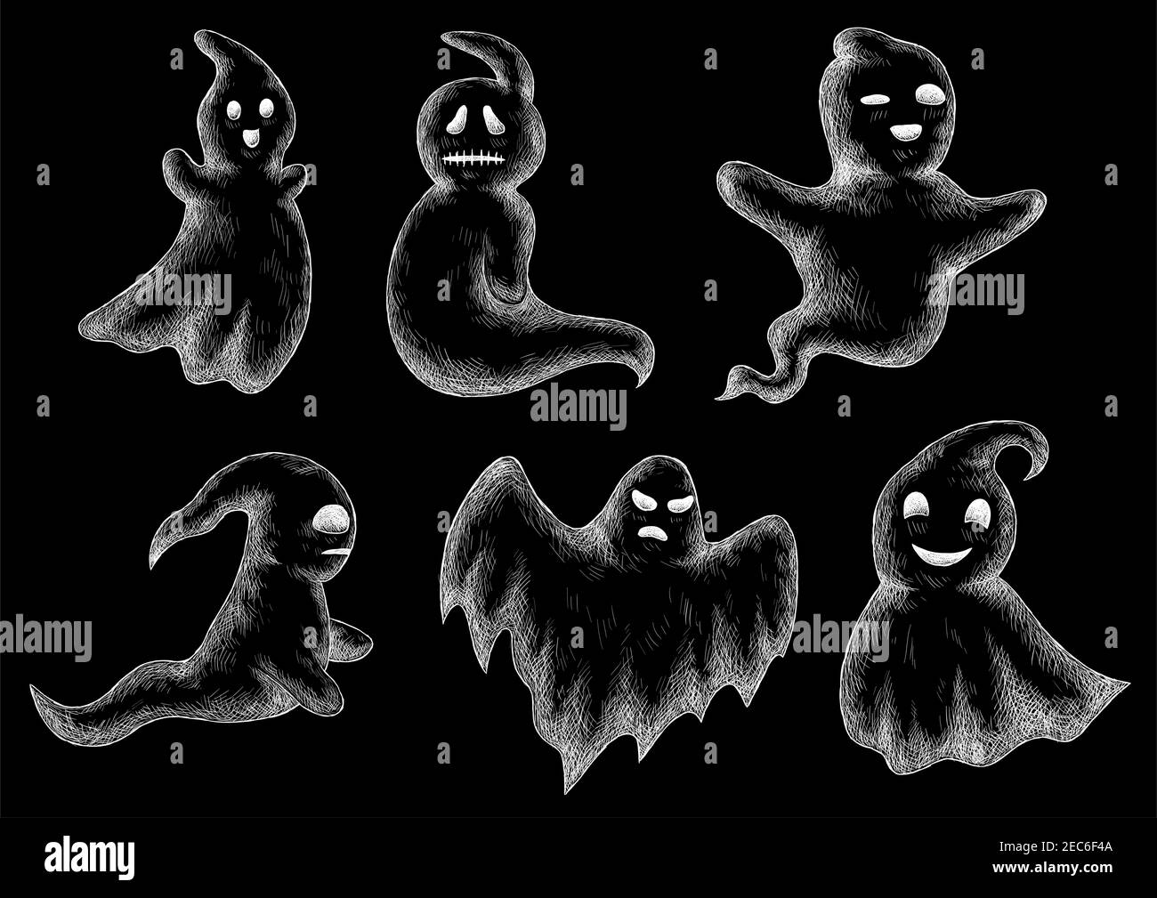 Dessin craie Halloween. Fantômes et livres amusants dessinés à la main sur tableau noir. Ensemble d'icônes vectorielles craies bogeantes et artistiques. Fond de tableau noir Illustration de Vecteur
