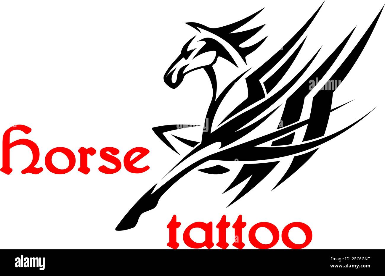 Symbole cheval de course ou pegasus pour l'utilisation de la conception de tatouage ou de t-shirt. Cheval d'étalon arabe brutal décoré de motifs tribaux en forme de manie Illustration de Vecteur