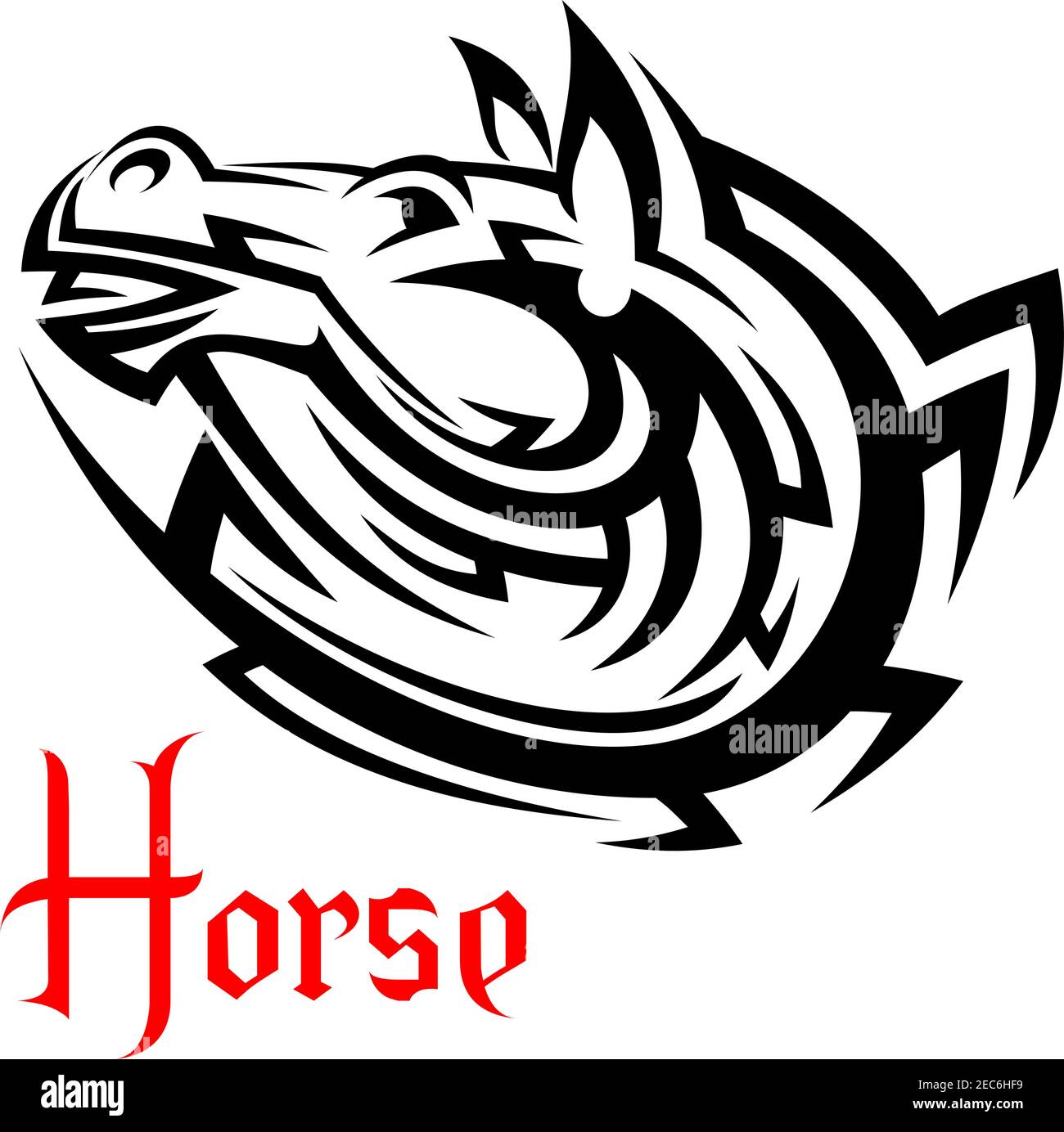 Élément de conception de tatouage de tête de cheval tribal avec silhouette noire de mustang sauvage composé d'ornement celtique torsadé Illustration de Vecteur