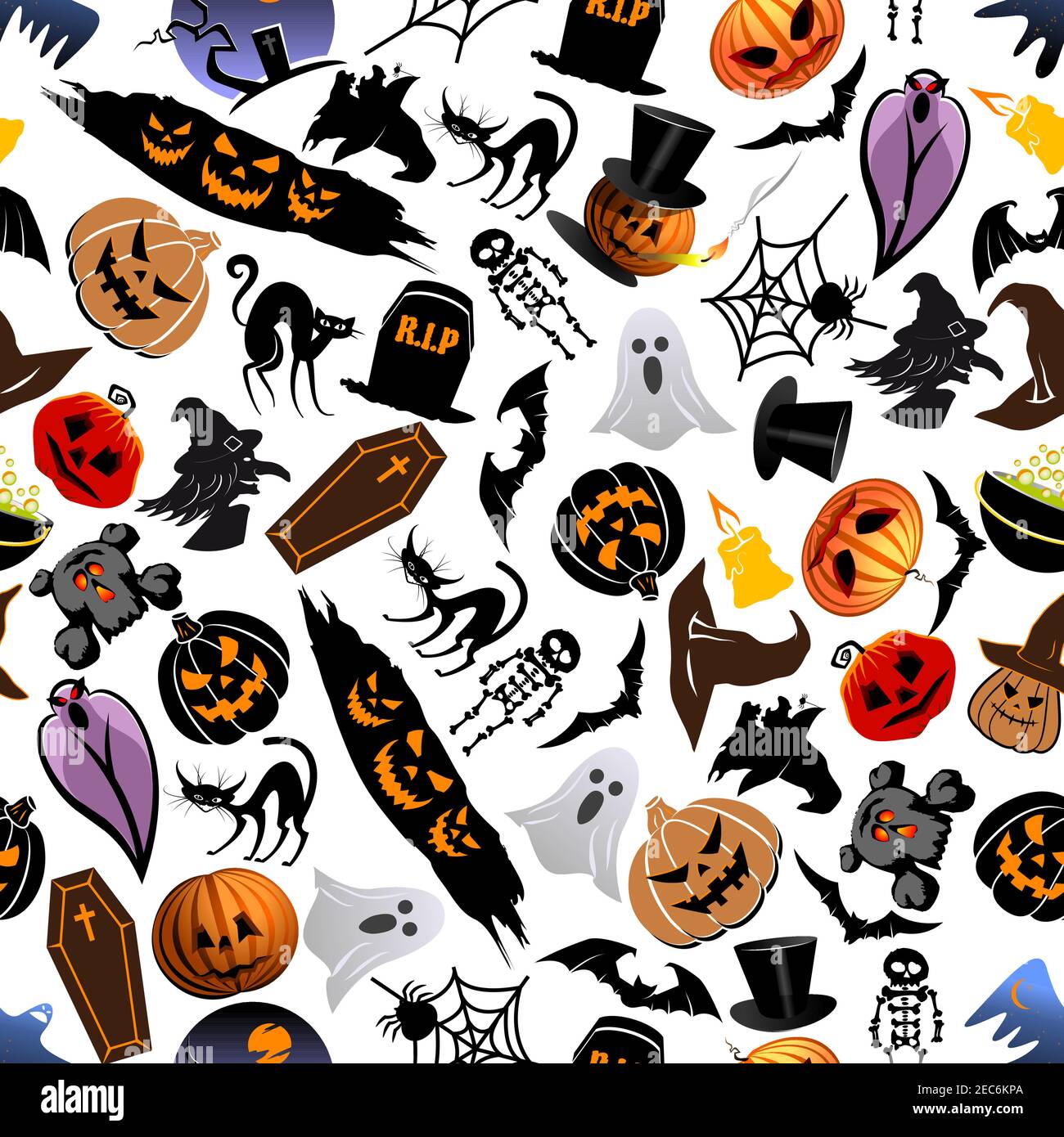Arrière-plan sans couture pour Halloween avec personnages et éléments de dessin animé effrayants. Fond d'écran avec icônes effrayantes et horribles Illustration de Vecteur