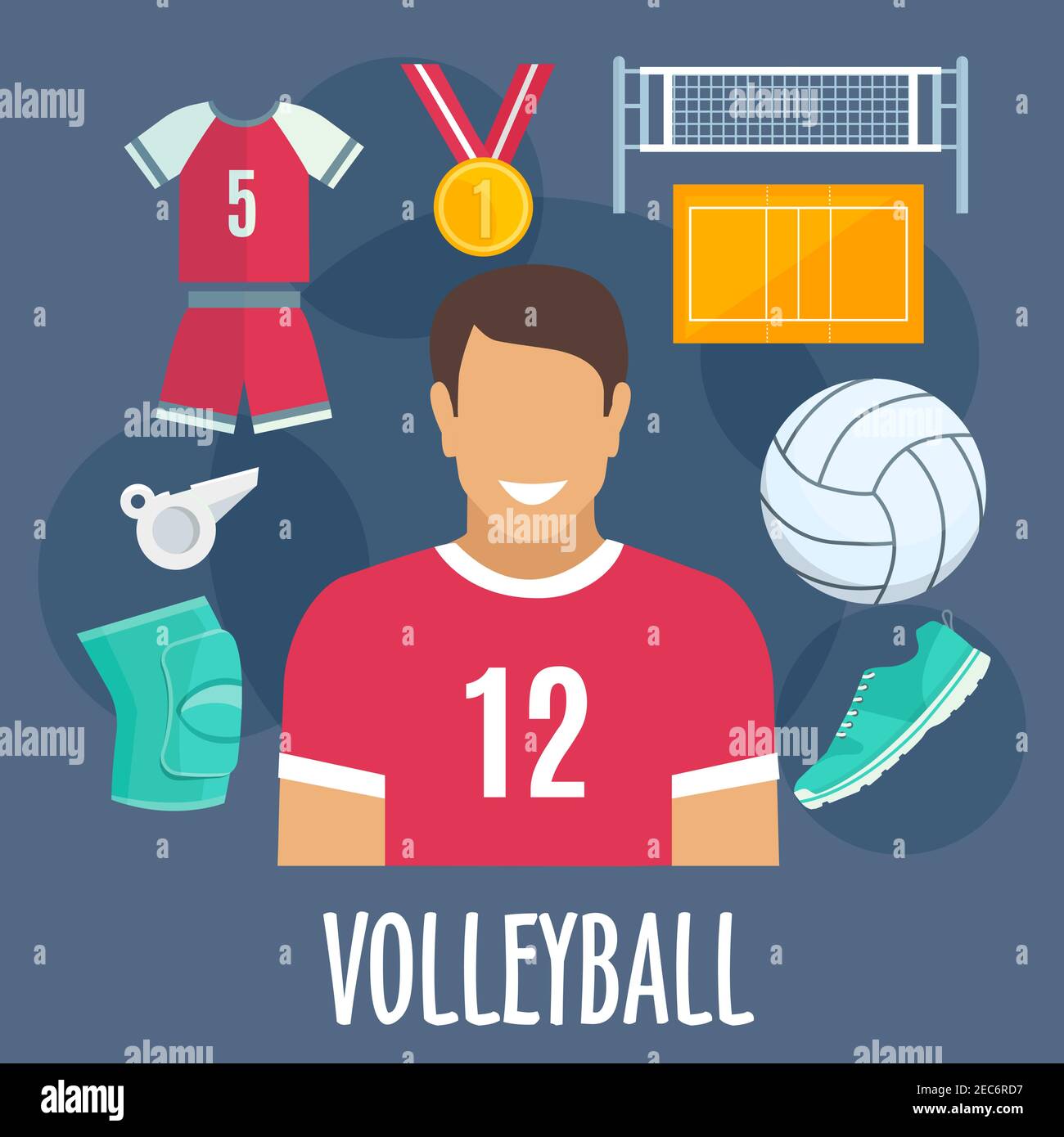 Équipement et tenue de volley-ball. Joueur de volley-ball avec des icônes  vectorielles de la médaille d'or, balle, chaussure de basket, sifflet,  protège-genoux, t-shi Image Vectorielle Stock - Alamy