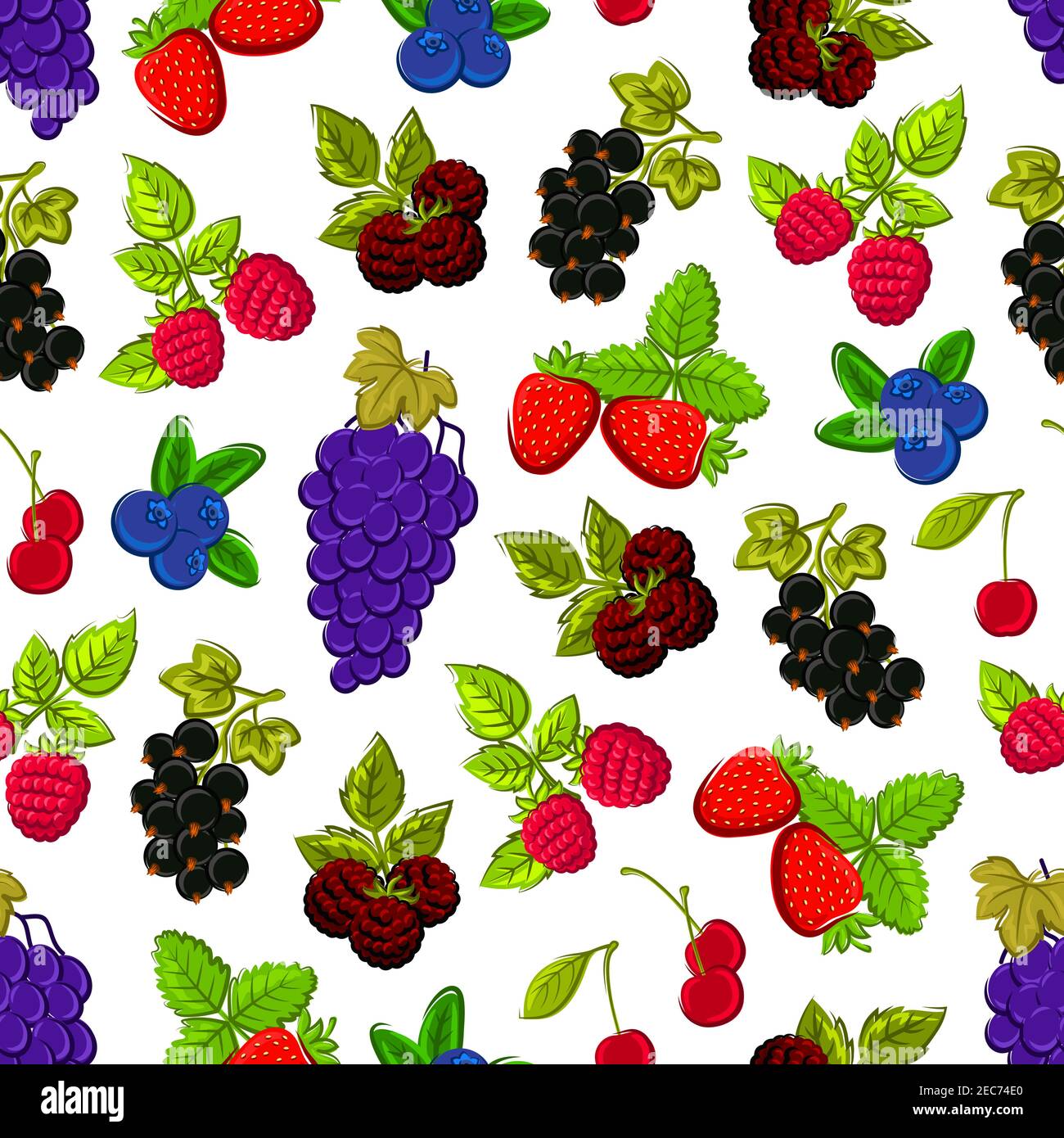 Baies et fruits fond sans couture. Papier peint avec motif vectoriel de fraise, mûre, bleuet, cerise, framboise, cassis, raisin Illustration de Vecteur