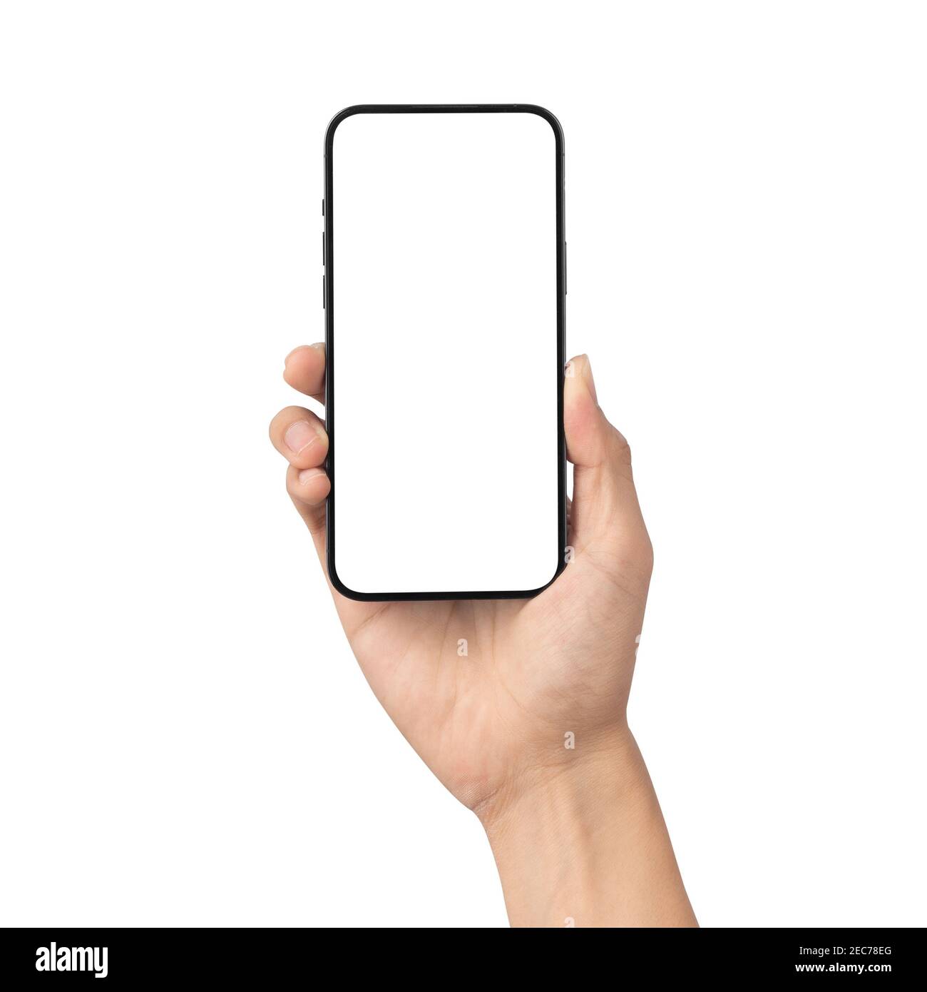 Homme main tenant le smartphone noir avec écran vierge isolé sur fond blanc avec masque, peut utiliser la maquette pour votre application ou websi Banque D'Images Homme main tenant le smartphone noir avec écran vierge isolé sur fond blanc avec masque, peut utiliser la maquette pour votre application ou websi Banque D'Images