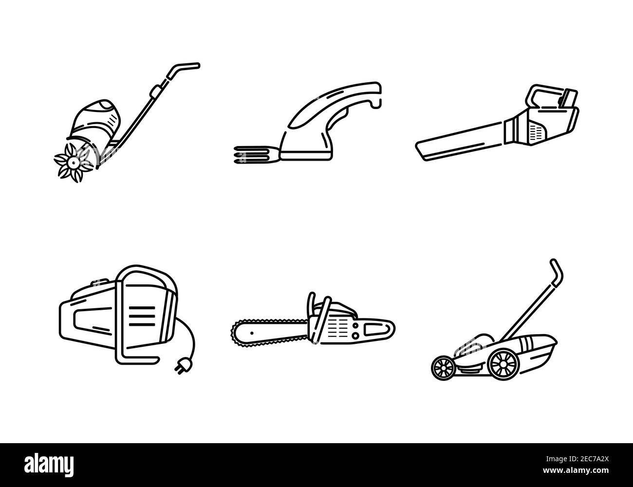 Un ensemble d'outils électriques de jardin. Icônes de jardin. Logo Lineart. Illustration de Vecteur