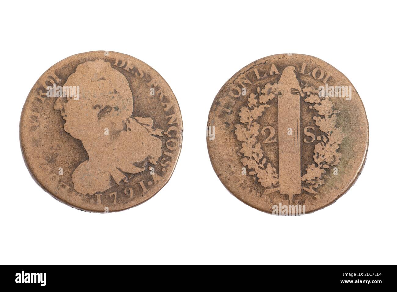 Ancienne monnaie ancienne vintage français 1791 Roi Louie XVI 2 Sols Banque D'Images