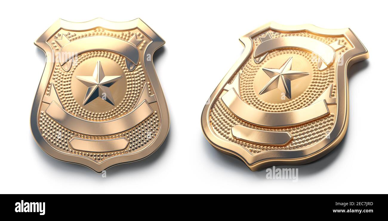 Badge de police en métal doré isolé sur blanc signe et symbole de police. illustration 3d Banque D'Images