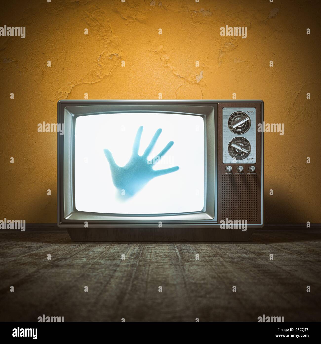 Concept de film effrayant d'horreur. Main de fantôme sur l'écran de la télévision d'époque dans la maison hantée. illustration 3d Banque D'Images