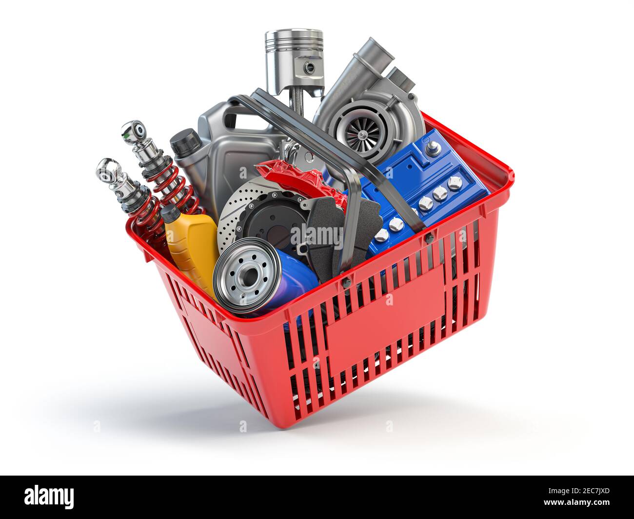 Pièces de voiture et de rechange automatique dans le panier d'achat isolé sur blanc. illustration 3d Banque D'Images