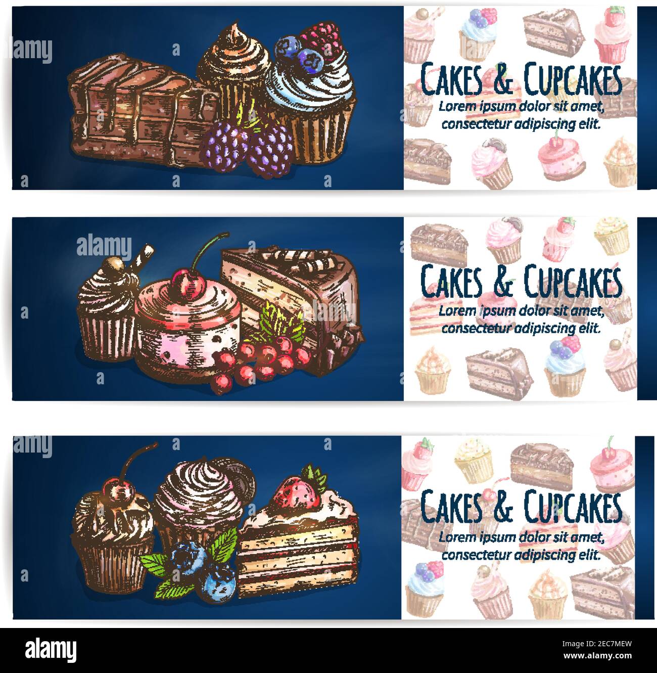 Affiche Sur Les Desserts Et Les Bonbons De Boulangerie Confiseries Patisseries Cupcakes Gateaux Biscuits Aux Baies Banniere Vectorielle Pour Patisserie Depliant De Cafe Patisserie Image Vectorielle Stock Alamy