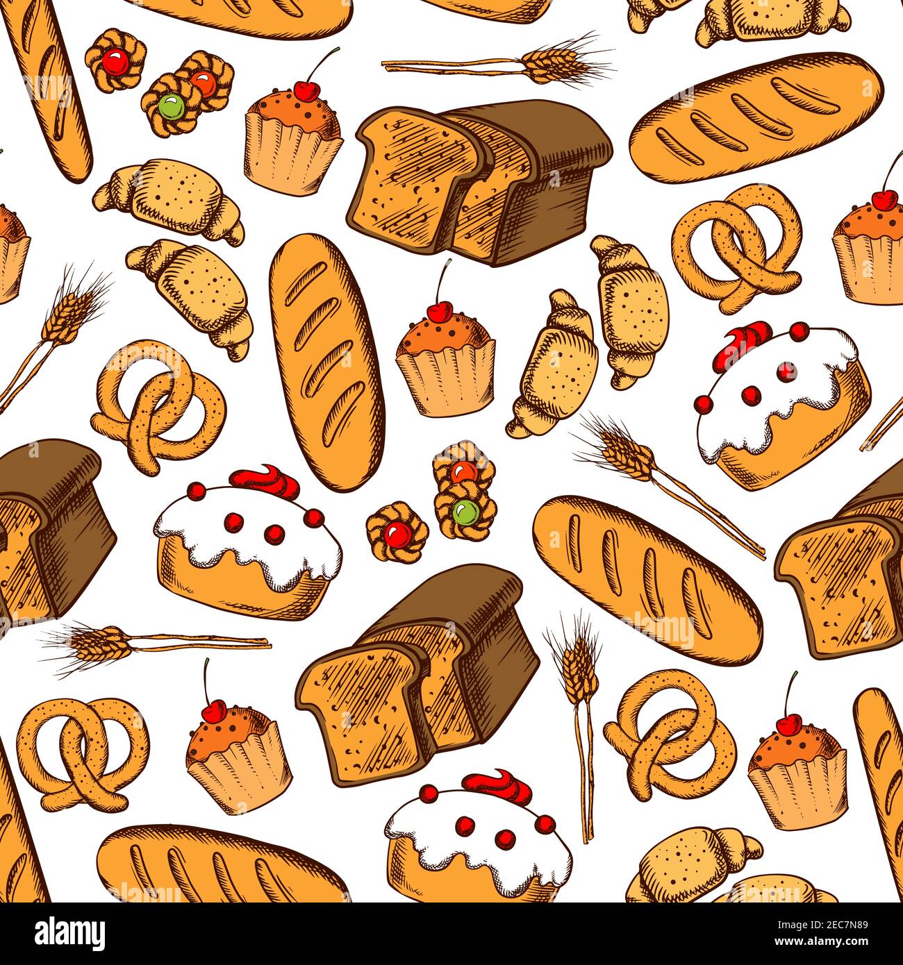 Fond de pâtisserie et de boulangerie sans couture. Papier peint à motif  vectoriel de croissant, pain, baguette, muffin, bretzel, bagel, cupcake  pour pâtisserie, café, b Image Vectorielle Stock - Alamy