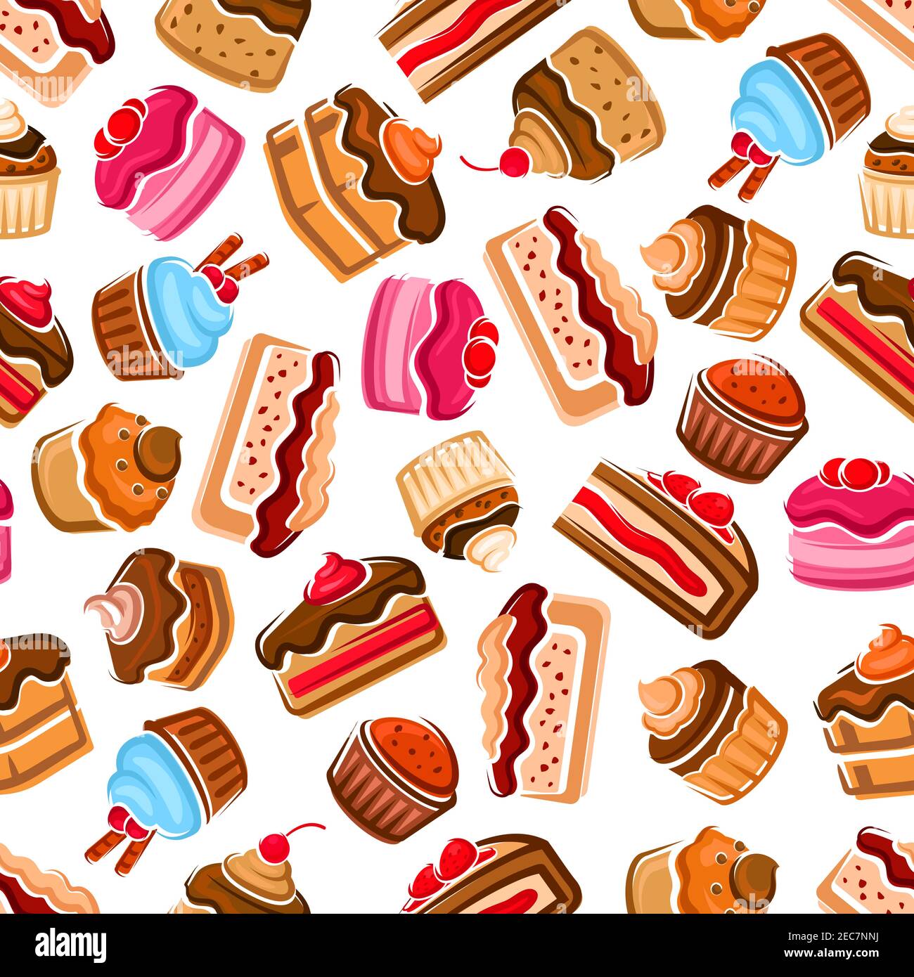 Desserts et bonbons fond sans couture. Papier peint avec des icônes vectorielles de pâtisserie confiserie chocolat cupcakes, biscuits gâteaux, muffins, fouettée c Illustration de Vecteur