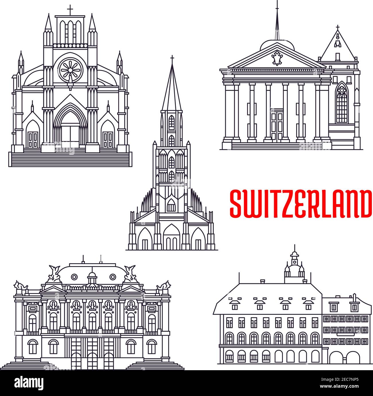 Bâtiments historiques d'architecture de la Suisse. Vector icônes de la cathédrale de Berne, de l'Opéra de Zurich, de la cathédrale Saint-Pierre, de la cathédrale Saint-Pierre, Illustration de Vecteur