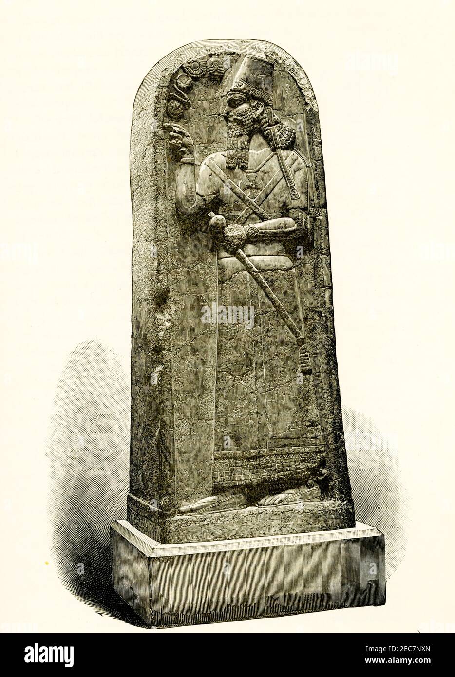 L'illustration de Thgis dans les années 1880 montre Samsivul, le roi assyrien qui était le fils de Shalmaneser. Samsivul, également orthographié Shamshi Adad V, était le roi d'Assyrie de 824 à 811 av. J.-C. Il a été nommé d'après le dieu Adad, qui est également connu sous le nom d'Hadad. La Stela de Shamshi-Adad V est un grand monolithe assyrien érigé sous le règne de Shamshi-Adad V. la stela a été découverte au milieu du XIXe siècle à l'ancien site de Kalhu (aujourd'hui appelé Nimrud) par l'archéologue britannique Hormuzd Rassam. Datée entre 824-811 av. J.-C., la sculpture fait maintenant partie de la collection d'antiquit du British Museum Banque D'Images