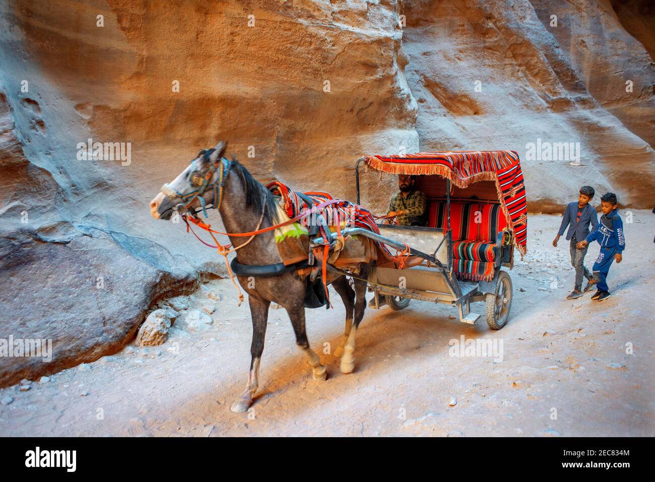 Bédouin à cheval dans le Siq, Petra, site du patrimoine mondial de l'UNESCO, Jordanie. Outer Siq Yellow Canyon randonnée matinale jusqu'à l'entrée de Petra JO Banque D'Images