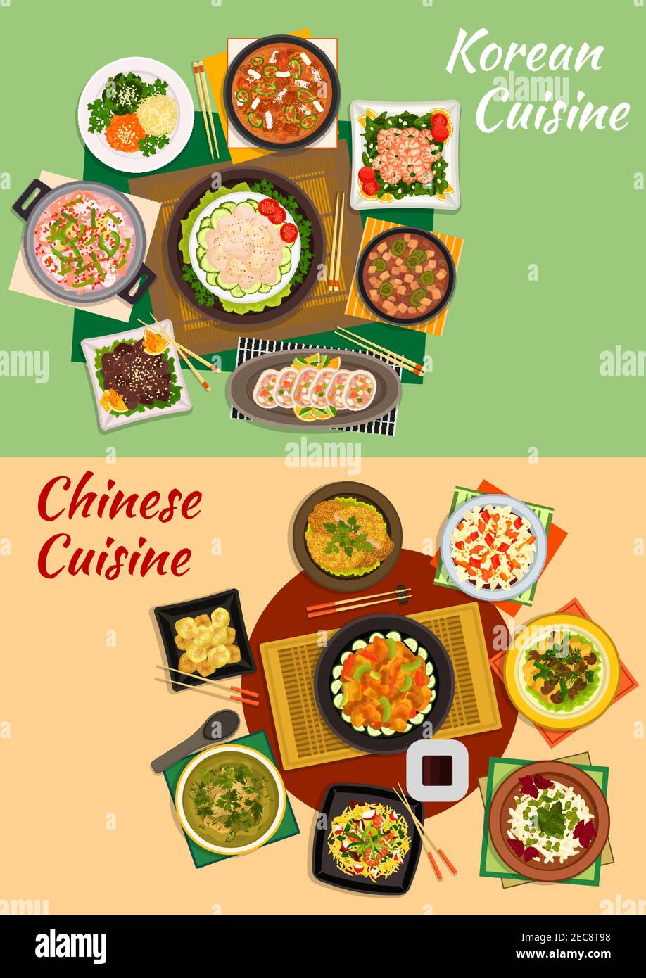 Cuisine chinoise et coréenne avec fruits de mer et salades de légumes épicés, bœuf grillé, nouilles aux crevettes, soupes de légumes, fruits de mer et tofu, porc frit Illustration de Vecteur
