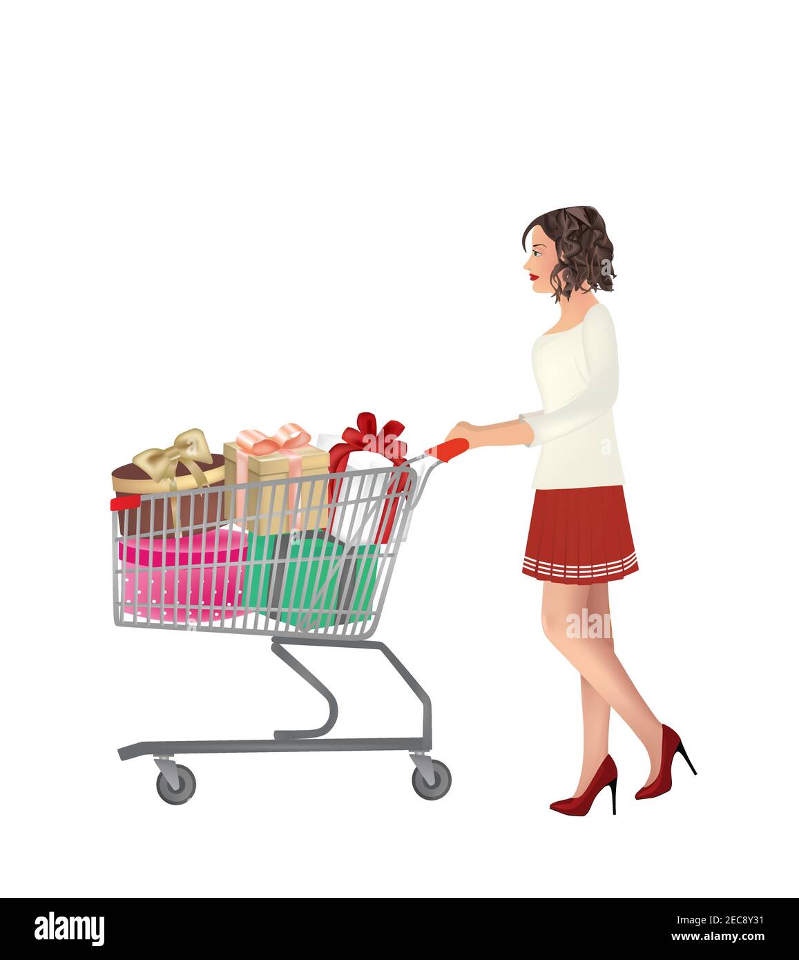 Femme en poussant un chariot plein de cadeaux, vector Illustration de Vecteur