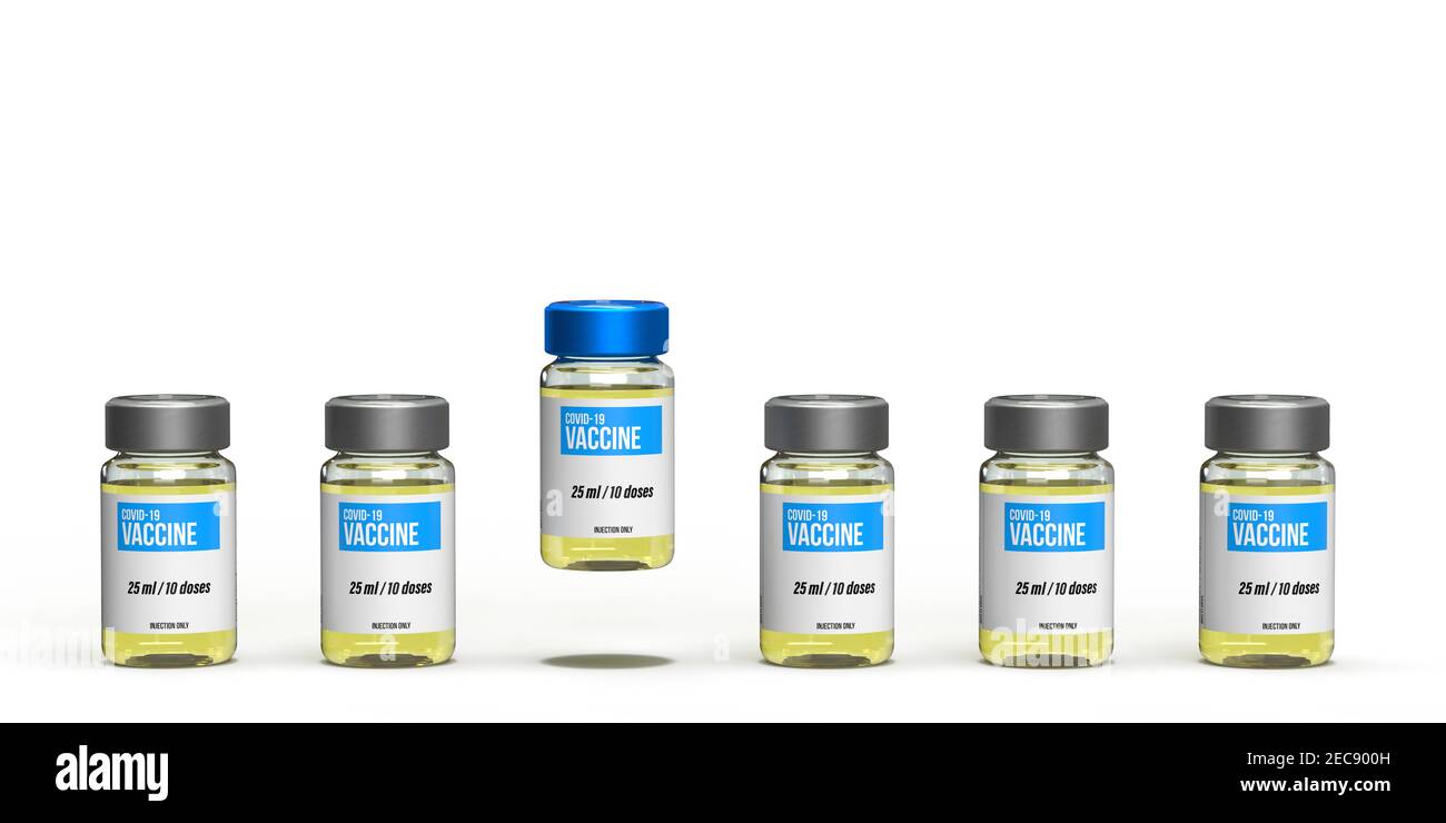 Coronavirus 2021 concept de santé : six flacons d'injection rendus en 3d. Un seul se distingue avec le vaccin Covid-19 en compétition sur fond blanc. Banque D'Images
