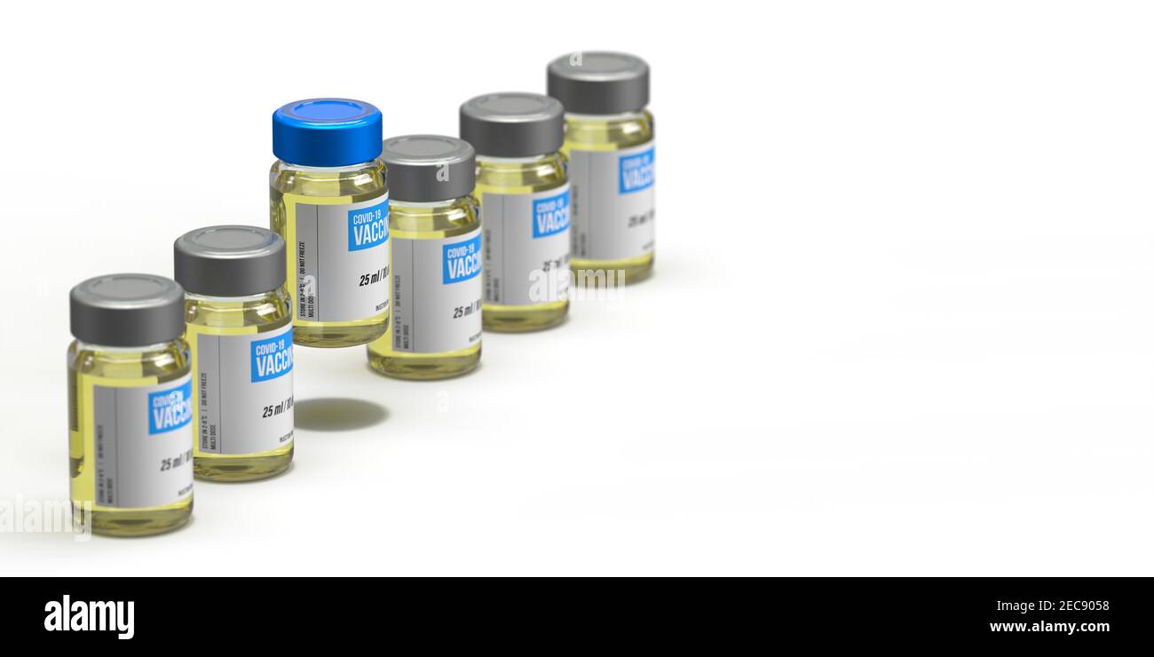 Coronavirus 2021 concept de santé : six flacons d'injection rendus en 3d. Un seul se distingue avec le vaccin Covid-19 en compétition sur fond blanc. Banque D'Images