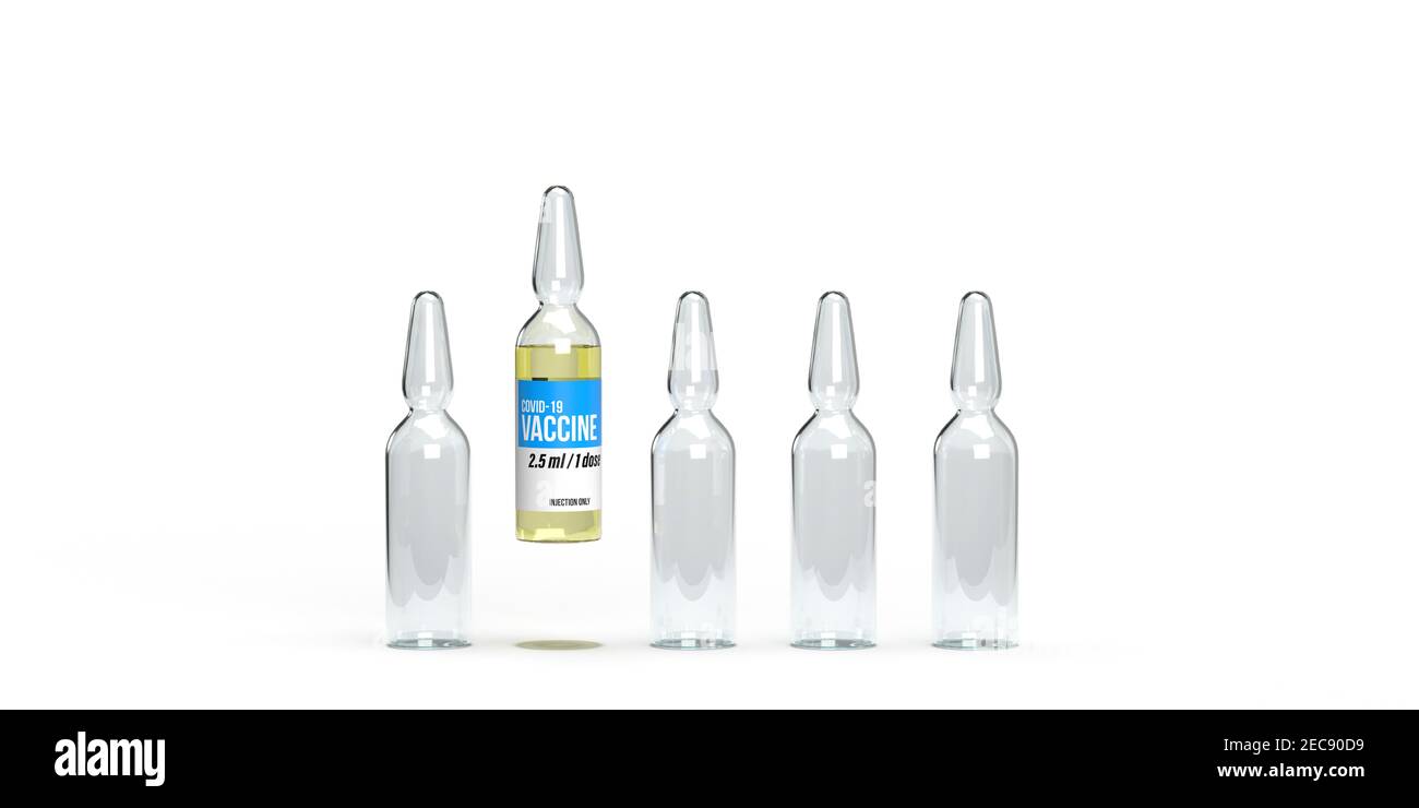 Coronavirus 2021 concept de santé : cinq flacons d'injection médicale en verre transparent de rendu 3d. Un seul se fait remarquer avec le vaccin Covid-19 sur fond blanc Banque D'Images