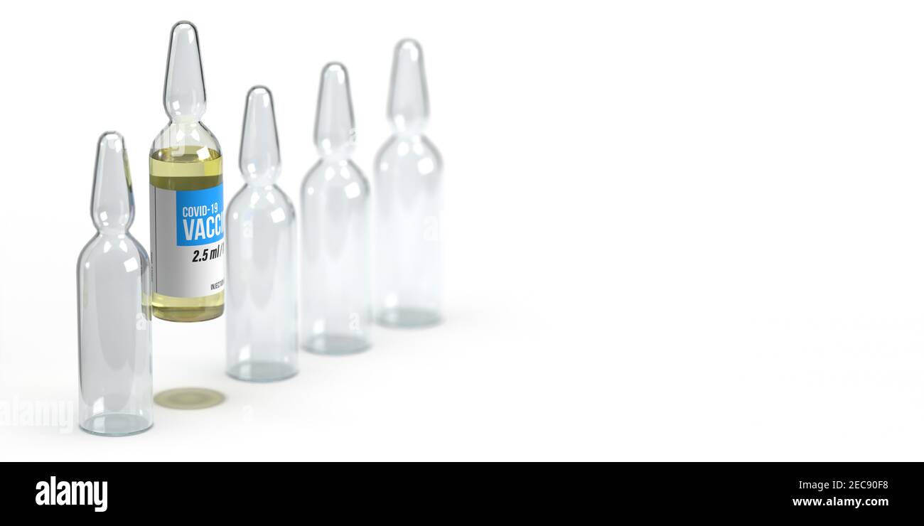 Coronavirus 2021 concept de santé : cinq flacons d'injection en verre 3d rendus. Un seul se fait remarquer avec le vaccin Covid-19 sur fond blanc avec de l'espace Banque D'Images