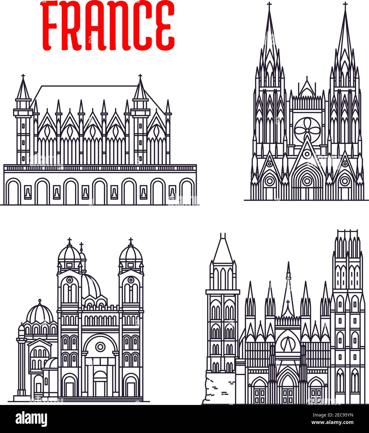 Bâtiments historiques de France. Les icônes vectorielles de la cathédrale de Marseille, de la cathédrale de Rouen, de l'abbaye de Saint-Ouen, de Sainte-Chapelle. Salle de spectacle française Illustration de Vecteur