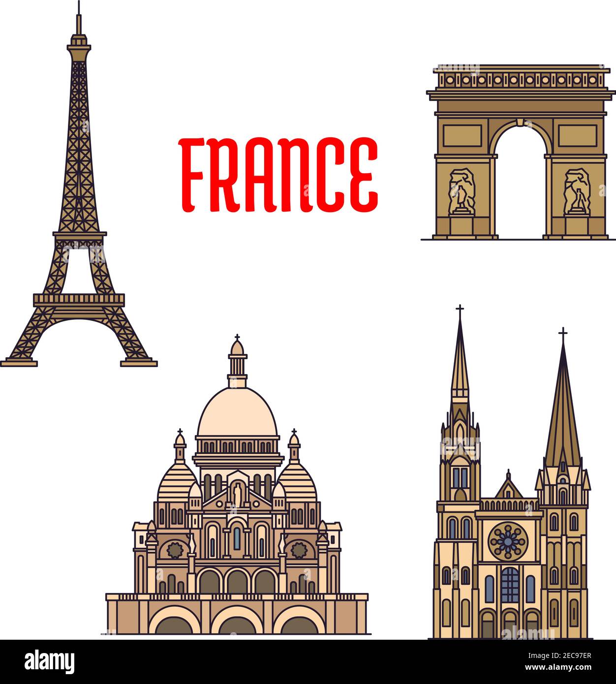 Visitez les sites emblématiques de la France avec ses monuments emblématiques de la Tour Eiffel et de l'Arche du Triumphal de l'Etoile, Basilique catholique romaine du Sacré Illustration de Vecteur