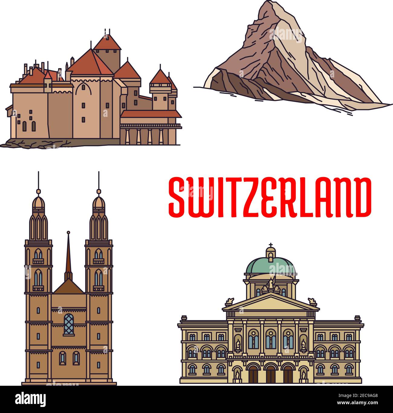 Bâtiments historiques d'architecture de la Suisse. Icônes détaillées du Palais fédéral, Matterhorn, Château de Chillon, Grossmunster. Lieux d'exposition et terrain suisses Illustration de Vecteur