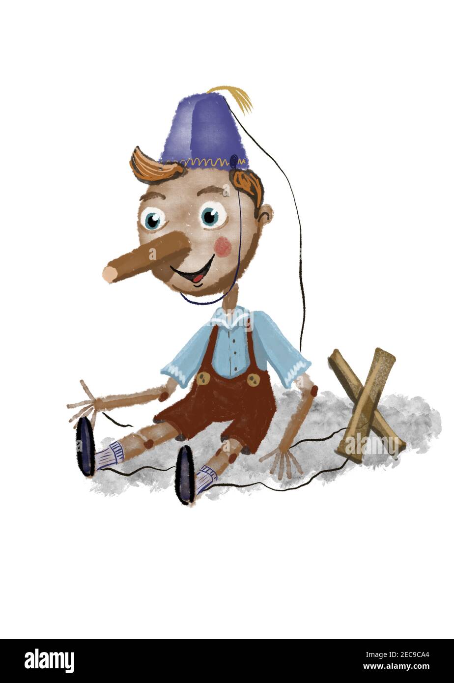 Marionnette Ancienne Pinocchio En Bois Peint - France, Années 1950-60, 6 Cordes