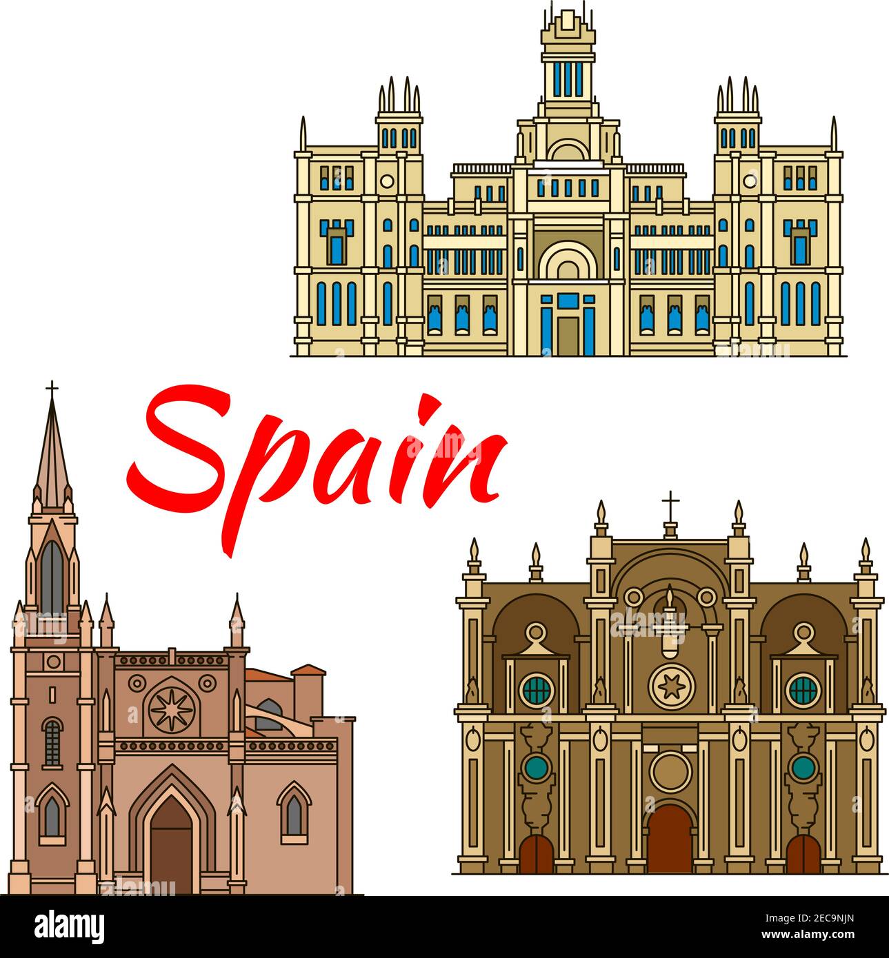 Célèbres bâtiments historiques et monuments de l'Espagne. Icône d'architecture détaillée du palais Cibeles, de la cathédrale de Santiago, de la cathédrale de Grenade. Symboles pour sou Illustration de Vecteur