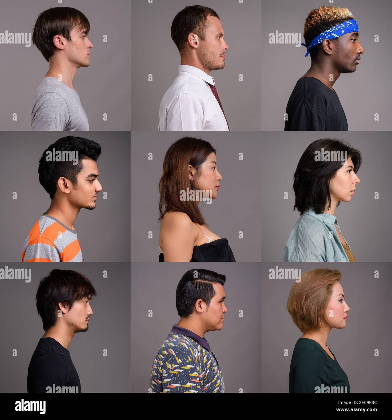 Vue de profil collage des personnes sur l'arrière-plan du studio Banque D'Images