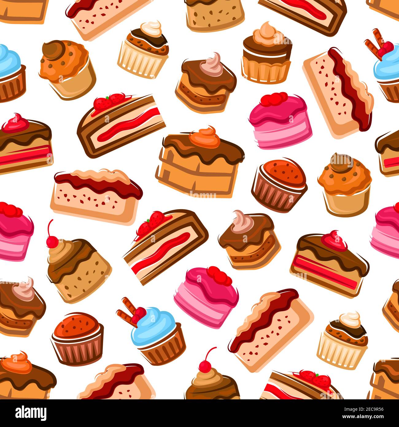 Cupcakes, gâteaux et muffins fond sans couture. Pâtisserie confiserie gâteaux au chocolat, biscuits, muffins, crème fouettée, fraises et chocolat Illustration de Vecteur