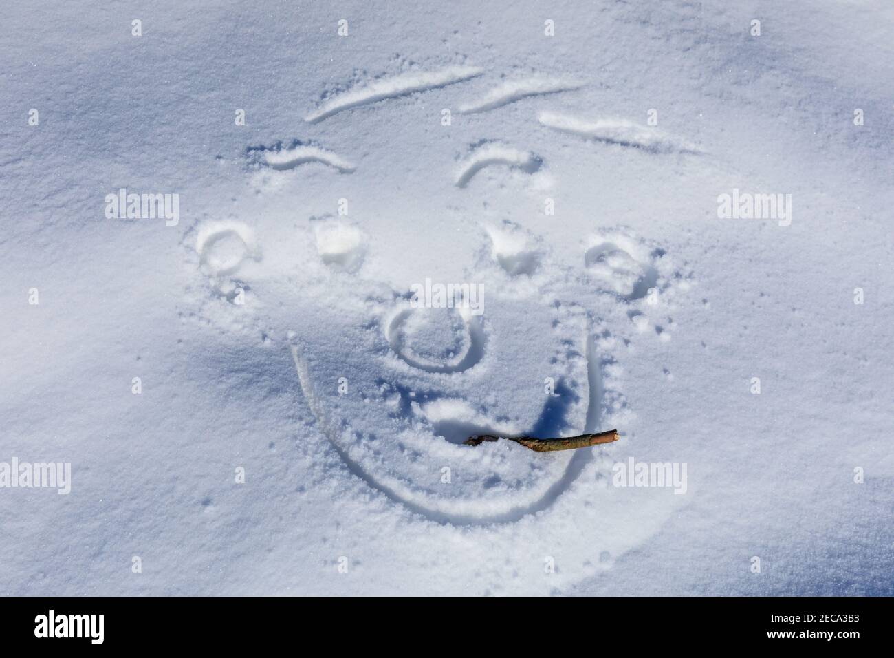 Réserve naturelle de Westruper Heide, NRW, Allemagne. 13 février 2021. Un visage enraché dans la neige. Les gens ont attiré des petits coeurs, des smileys et d'autres messages pour la Saint-Valentin demain dans la neige. Beaucoup de randonneurs sont au beau soleil tandis que les plantes de bruyère de Westruper Heide sont encore couvertes de neige. Credit: Imagetraceur/Alamy Live News Banque D'Images