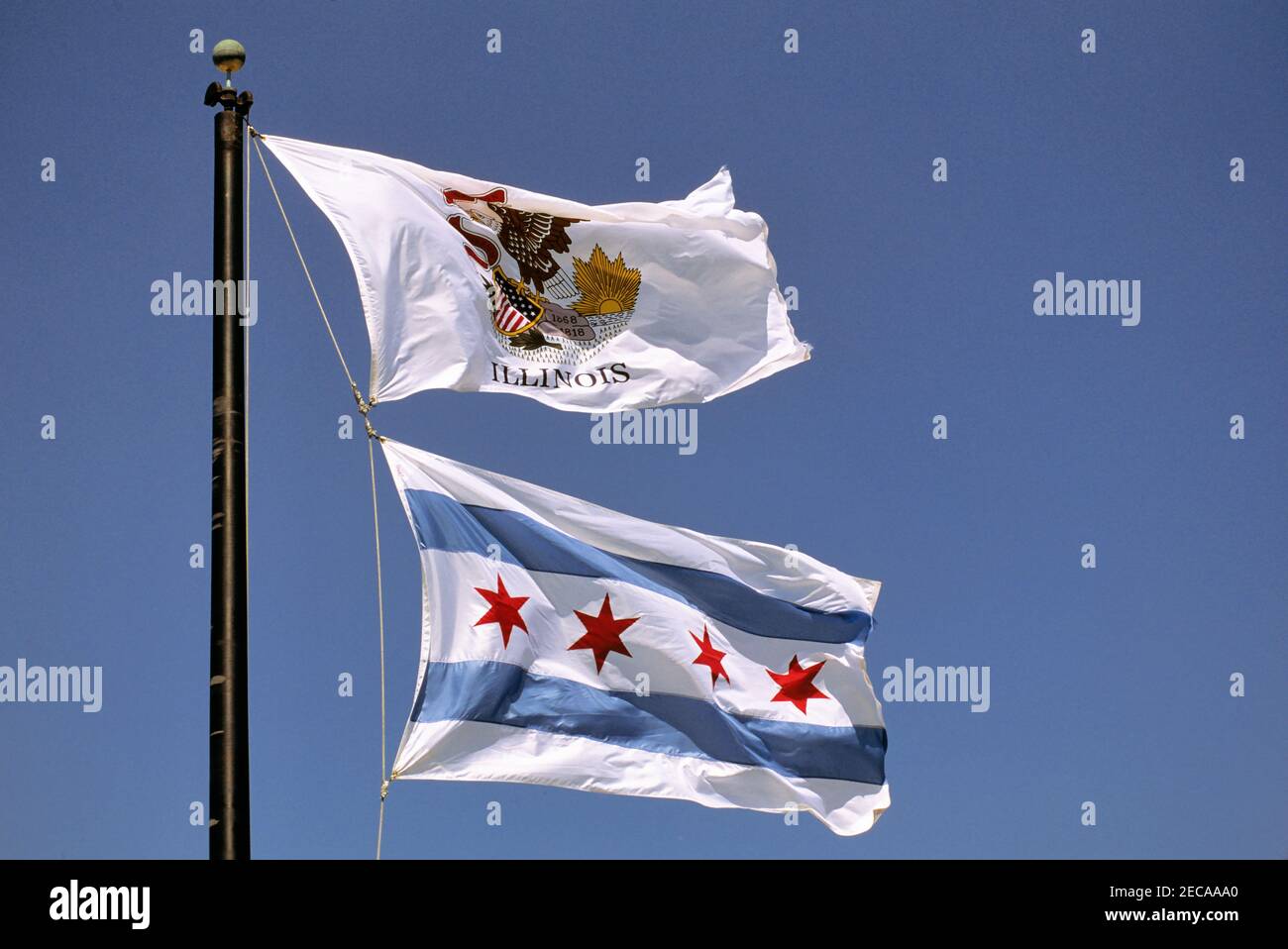 Chicago, Illinois, États-Unis. Les drapeaux de l'État de l'Illinois et de la ville de Chicago se sont déchaîés par une journée venteuse. Banque D'Images