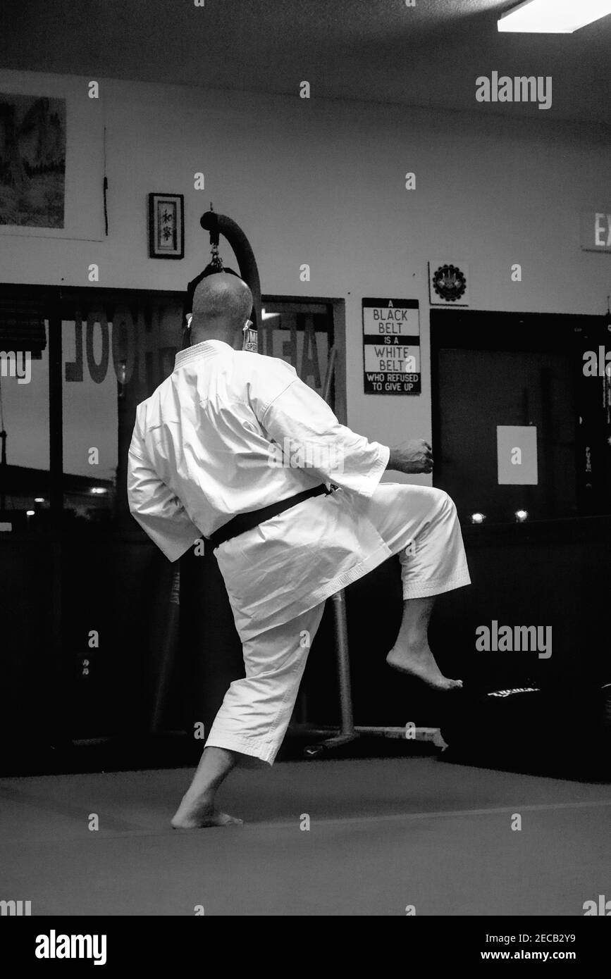 Cette photo d'action est de mon fils et de ses camarades de classe dans une classe de karaté. Karate est un sport physiquement et mentalement stimulant qui renforce l'agilité. Banque D'Images