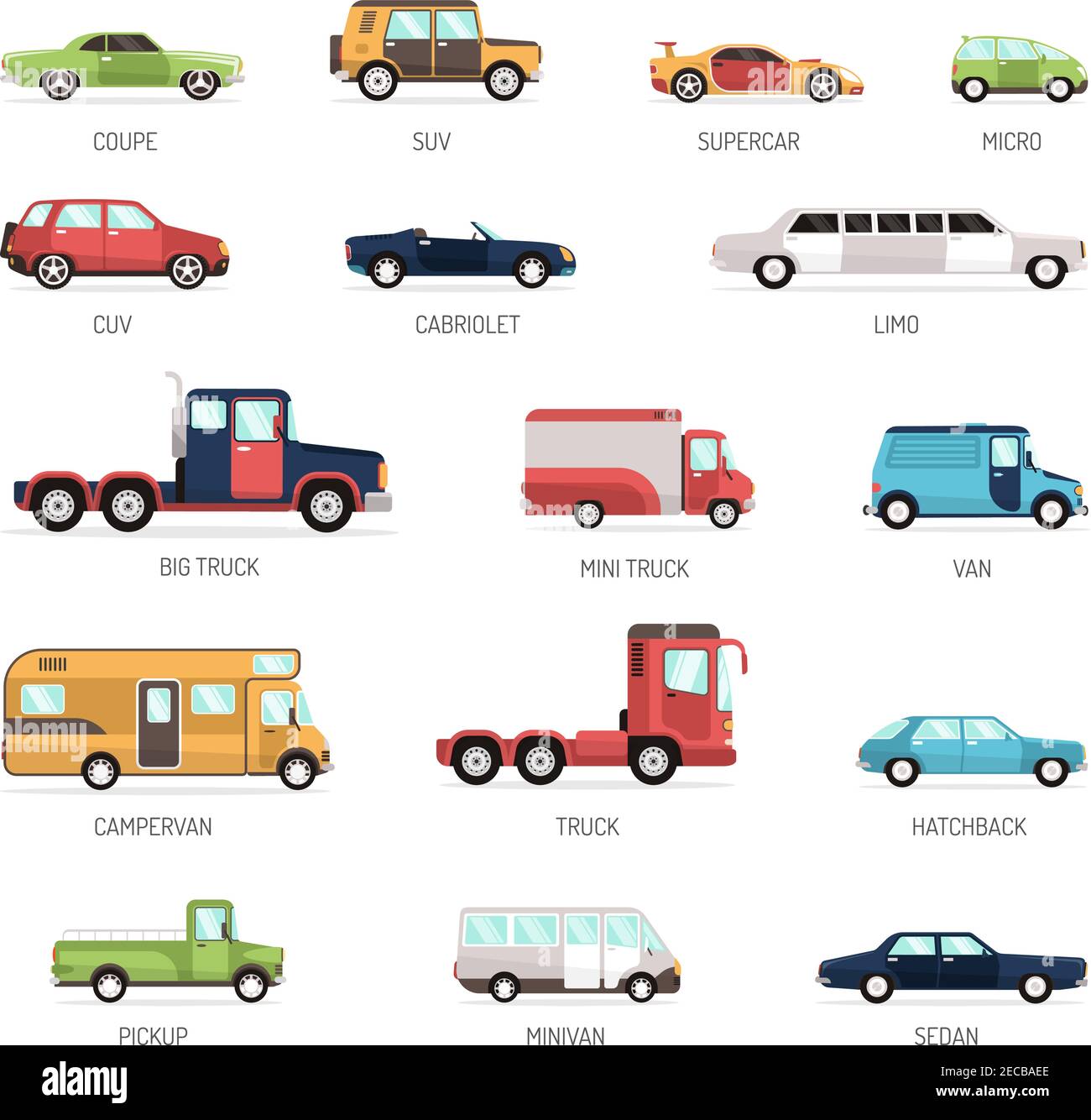 Collection plate colorée de différents modèles de voiture modernes à côté voir avec une illustration vectorielle isolée pour camionnette et berline minifourgonnette Illustration de Vecteur