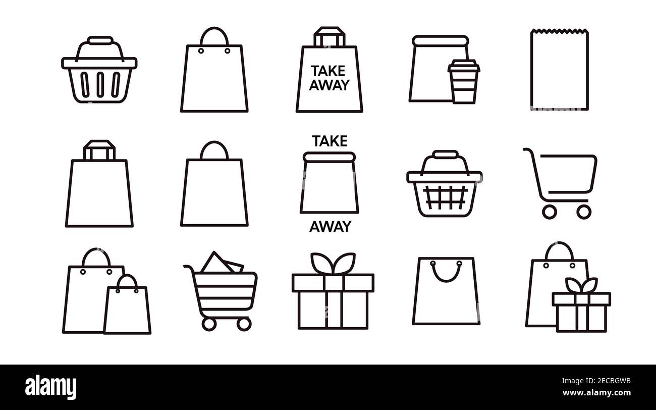 Ensemble d'icônes de shopping noir et blanc, avec sacs et chariots. Illustration vectorielle isolée Illustration de Vecteur