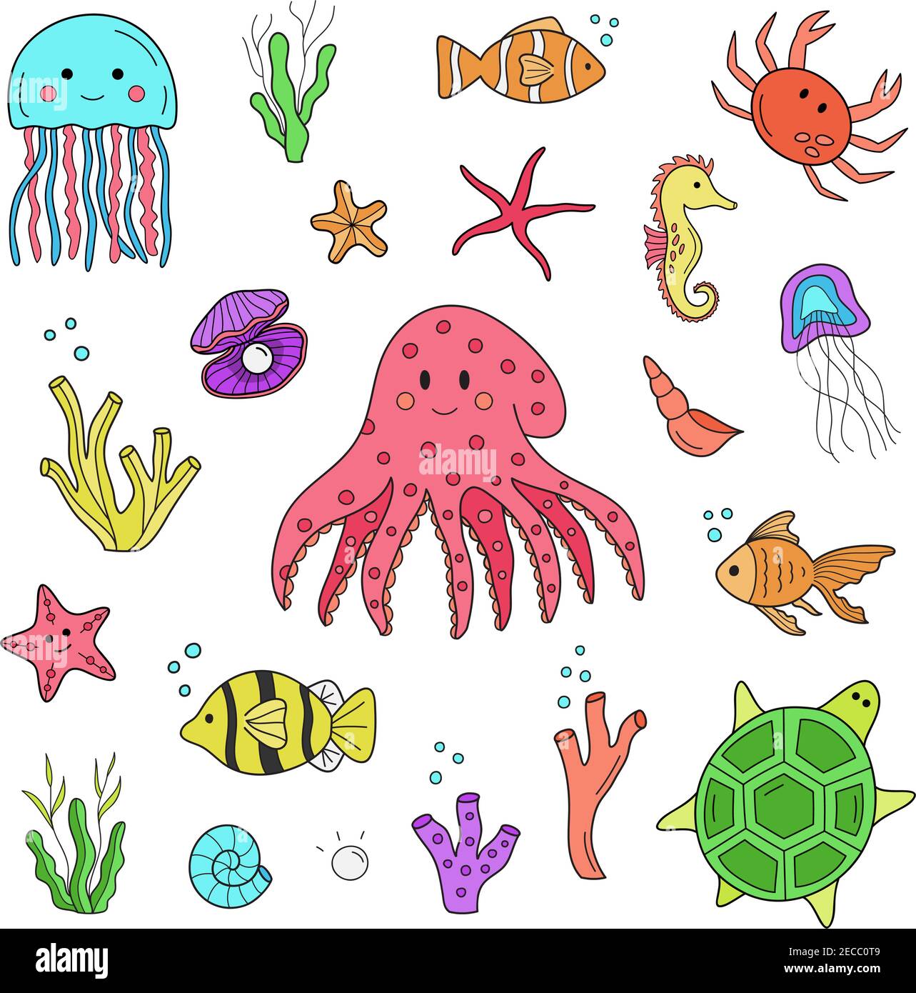 Jeu d'illustrations pour animaux vecteurs sous-marins. La mer dessinée à la main, l'océan, les animaux de la bande dessinée marine. Imprimé graphique isolé, autocollants en toile. Illustration de Vecteur