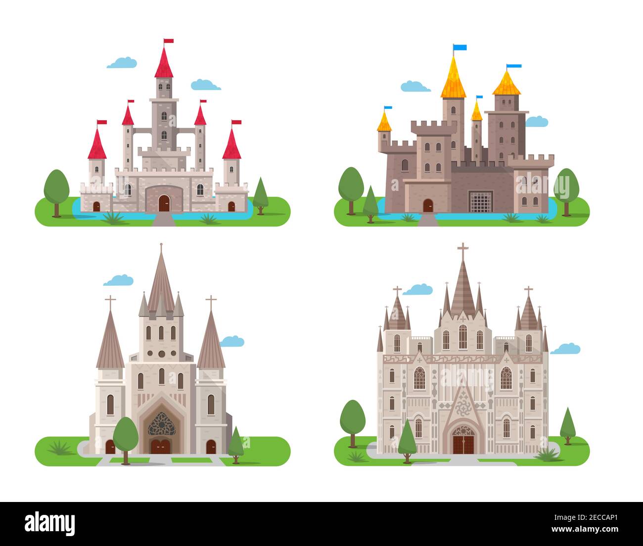 Les anciens bâtiments médiévaux du château des icônes plates définissent une illustration vectorielle isolée Illustration de Vecteur