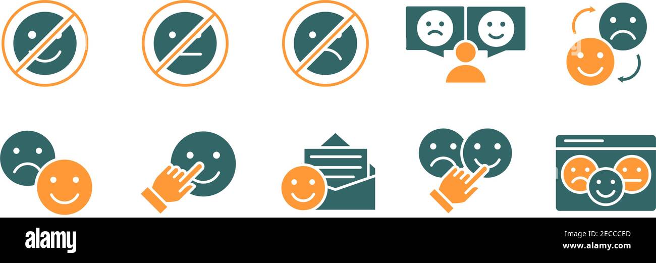 Ensemble d'icônes colorées de rétroaction d'émotion. Témoignages, sourire, contrarié, visage sans émotion, émotions positives et négatives et plus encore. Illustration de Vecteur