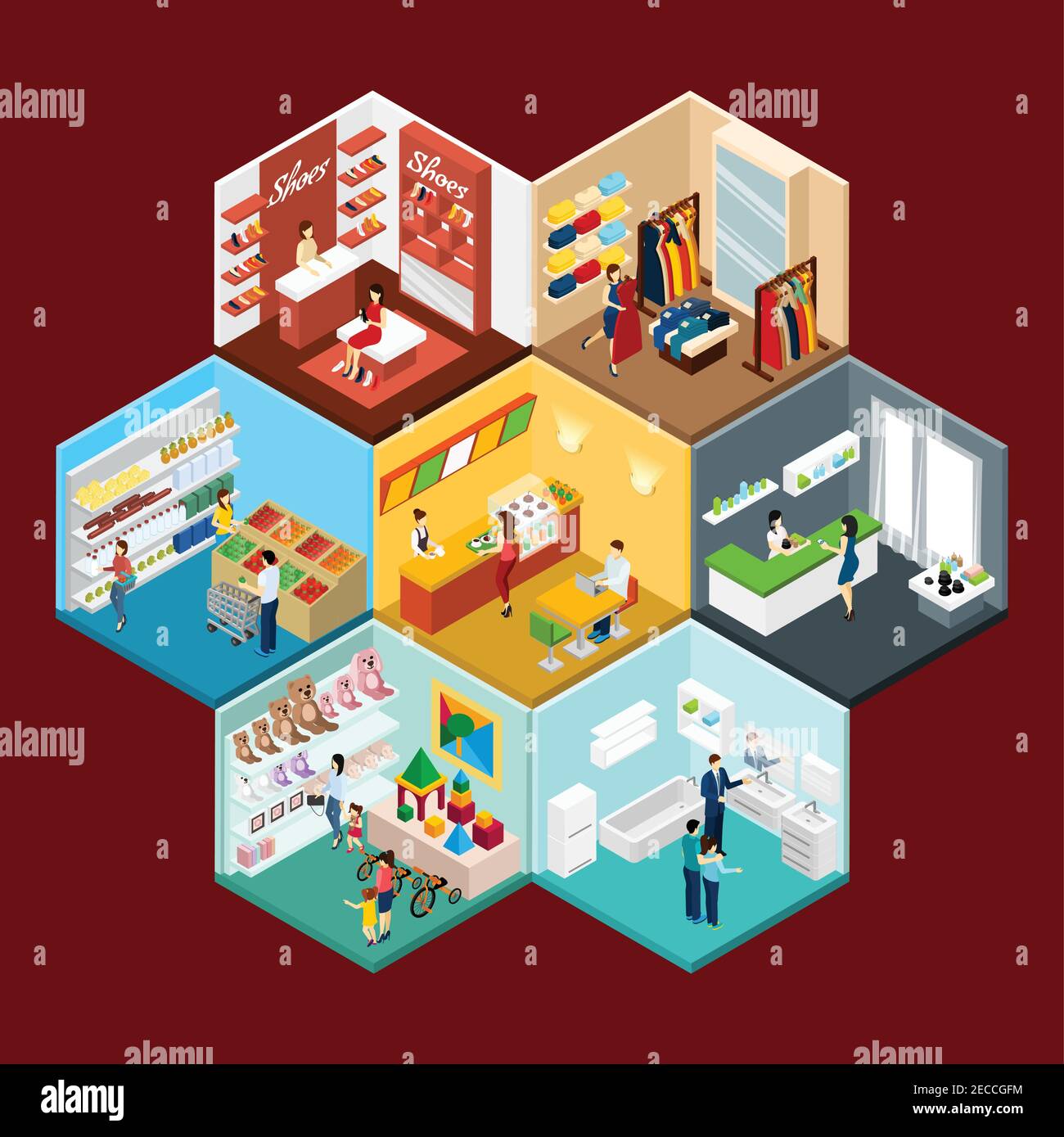 Centre commercial hexagonal nid d'abeilles composition de modèle isométrique avec jouets vêtements et l'illustration vectorielle abstraite des magasins d'alimentation Illustration de Vecteur