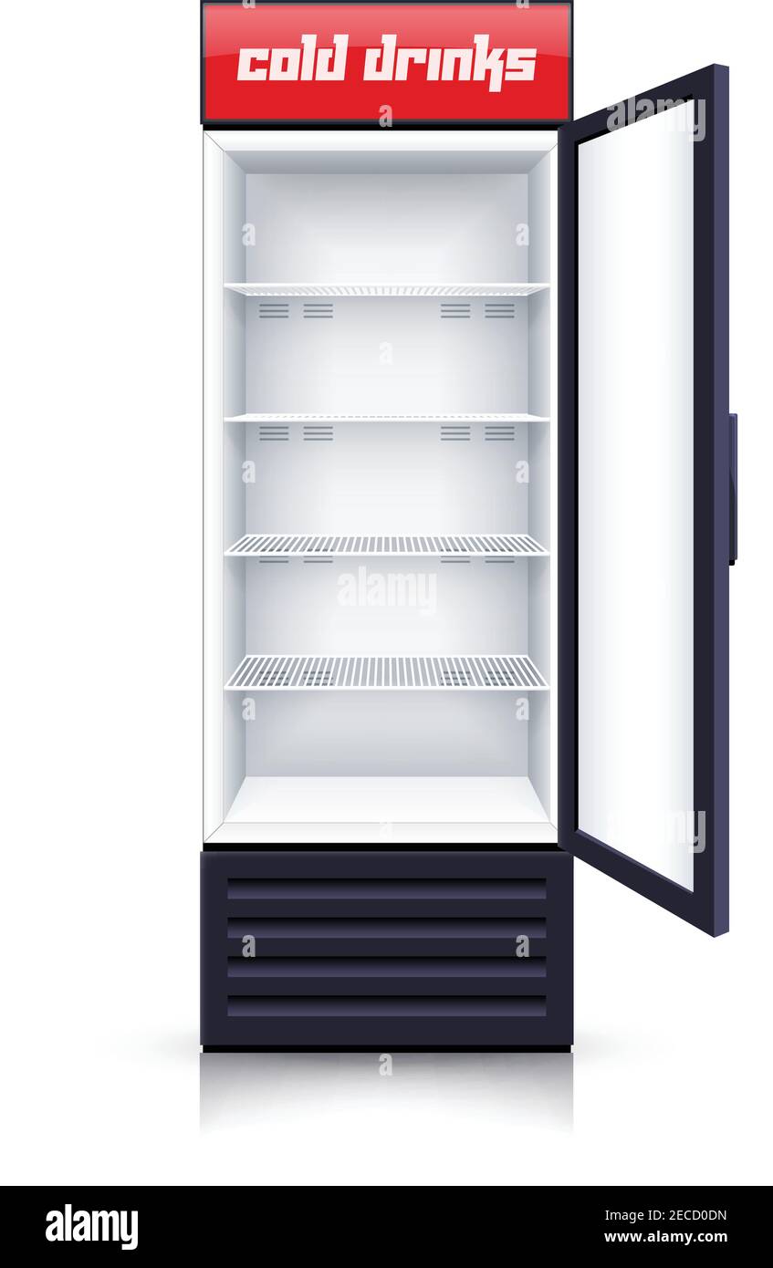 Réfrigérateur vertical moderne avec panneau avant transparent ouvert pour le refroidissement Boissons fond réaliste vecteur isolé Illustration Illustration de Vecteur