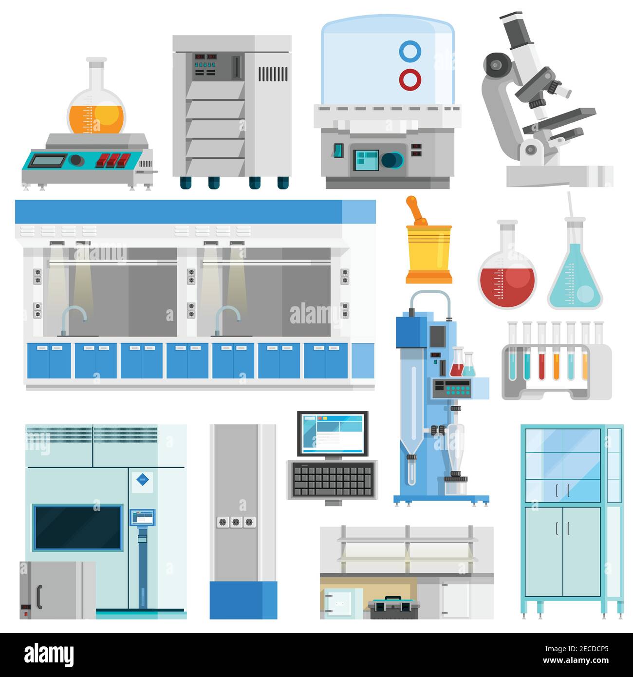 Science jeu d'icônes isolées de couleur plate d'outils pour naturel recherche en sciences et équipement de laboratoire hautement technologique illustration de vecteur plat Illustration de Vecteur
