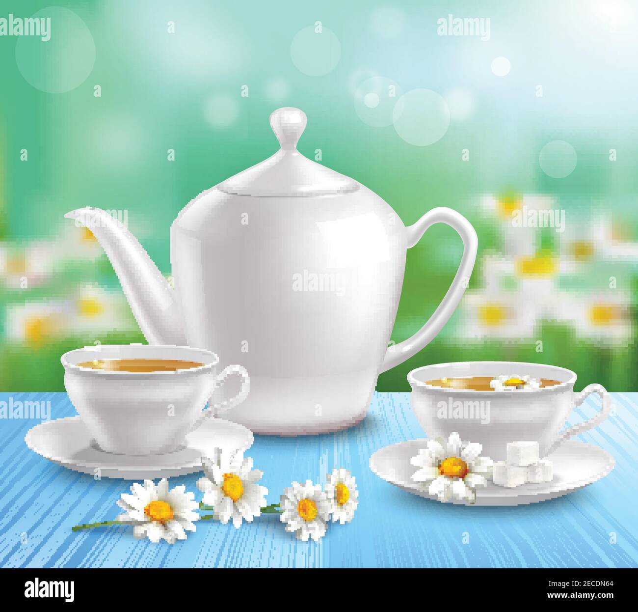 Composition de la théière et des tasses avec sucre sur la soucoupe et les fleurs de camomille sur l'illustration vectorielle bleue de nappe Illustration de Vecteur